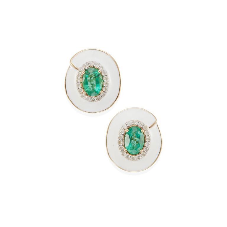 14k Gold Enamel Emerald and Diamond Earrings