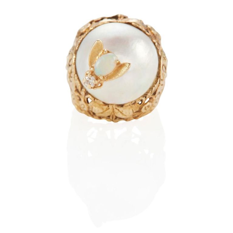14k Gold Mabé Pearl Opal and Diamond Ring