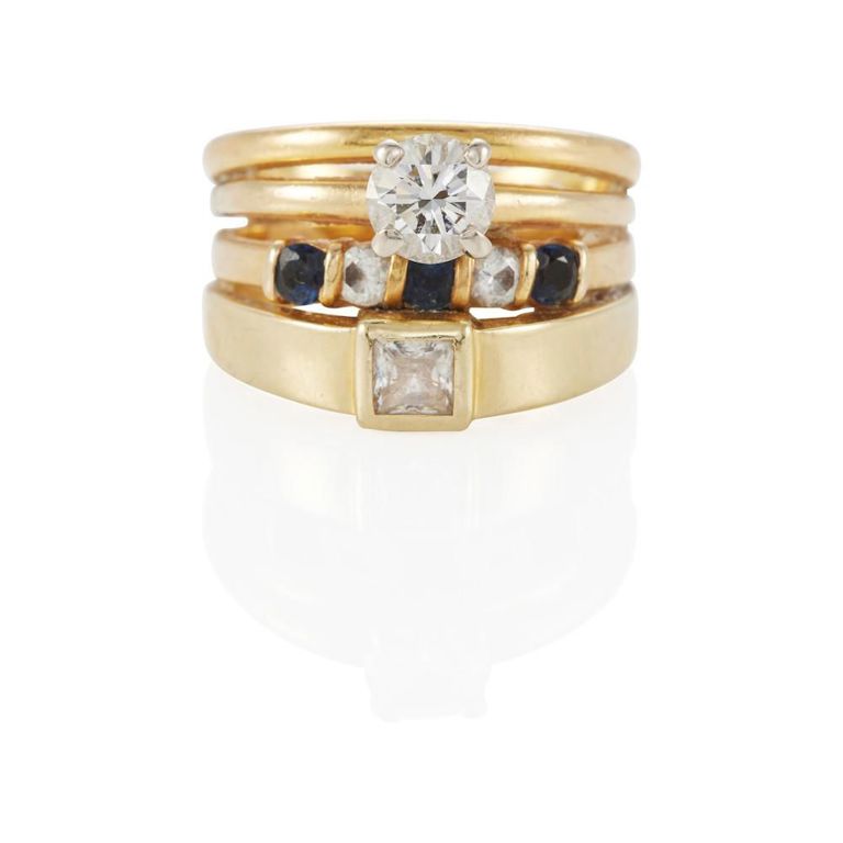 14k Gold Diamond, Sapphire and Glass Ring
