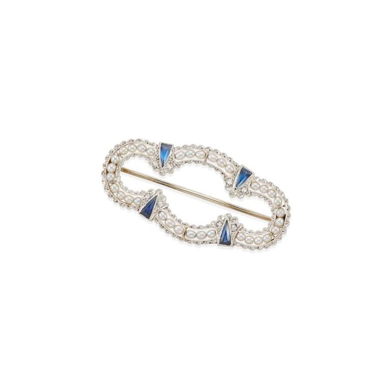 18k Gold Sapphire, Seed Pearl and Diamond Brooch