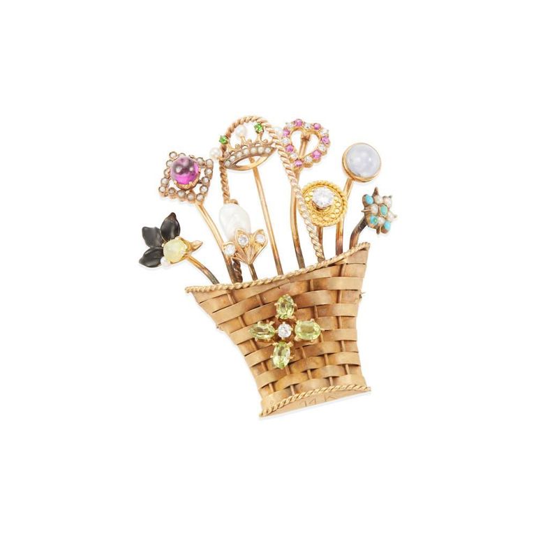 14k Gold Gem-Set and Enamel Enhancer Brooch