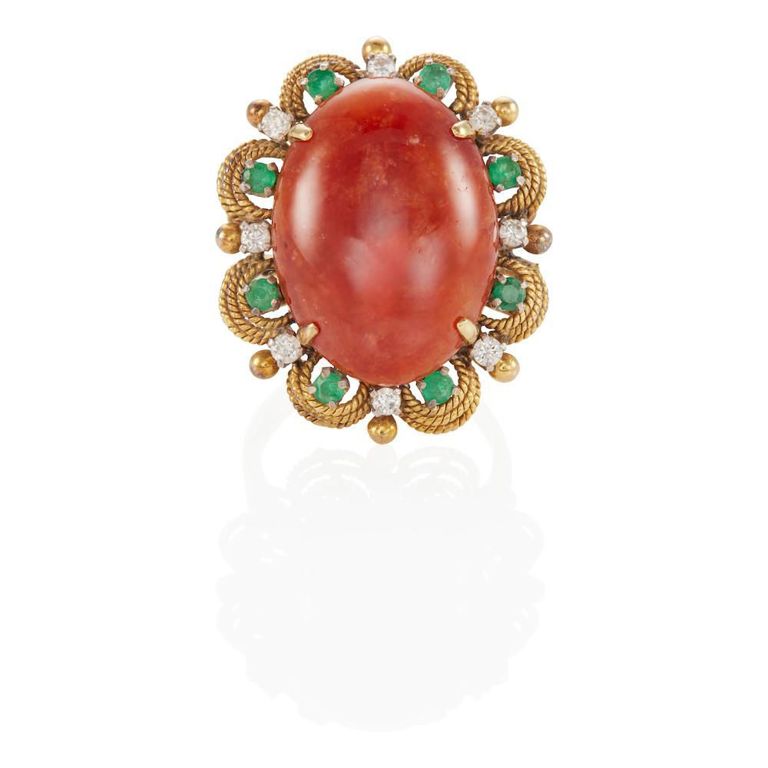 14k Gold Red Jade Emerald and Diamond Ring