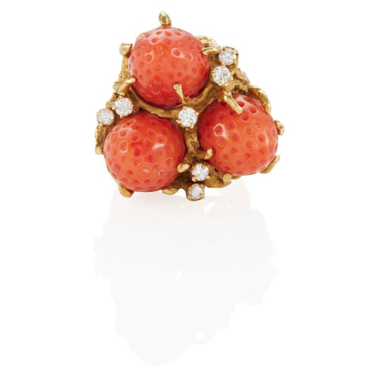 14k Gold Coral and Diamond Ring