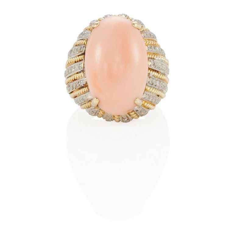 14k Gold Coral and Diamond Ring