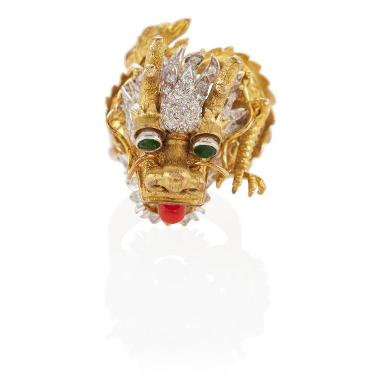 14k Gold Emerald Carnelian and Diamond Ring