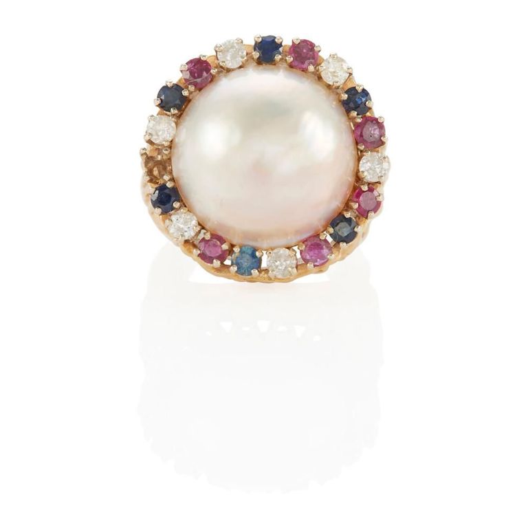 18k Gold Pearl, Sapphire, Ruby and Diamond Ring