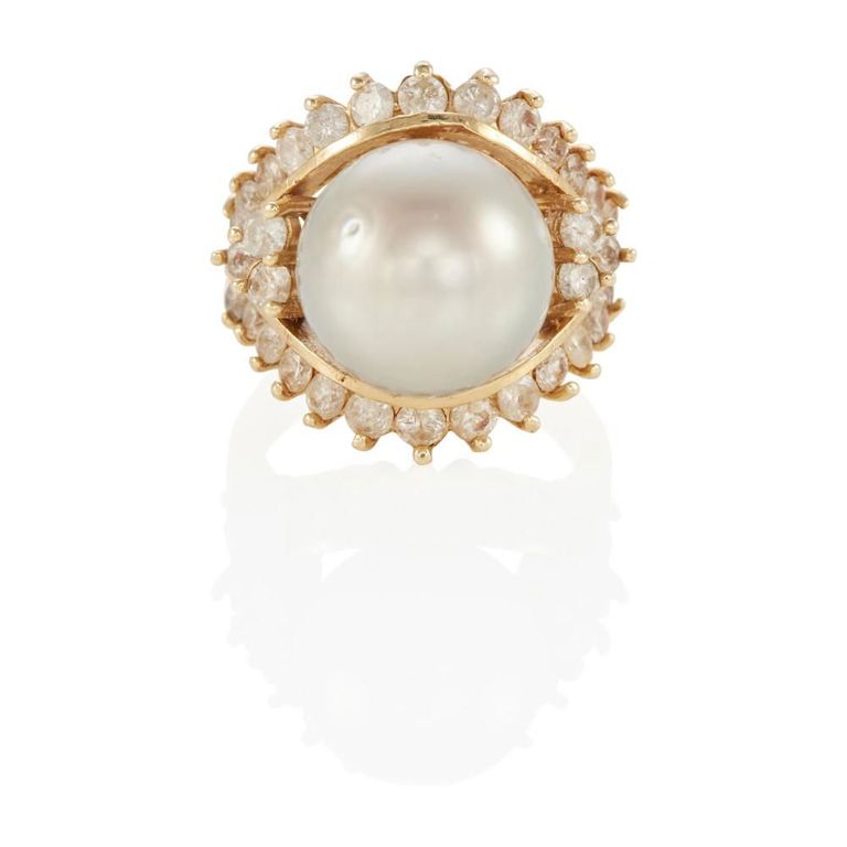 14k Gold Cultured Pearl and Diamond Ring