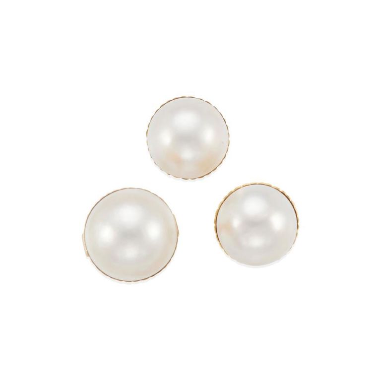 18k Gold Mabé Pearl Ear Clips and Ring