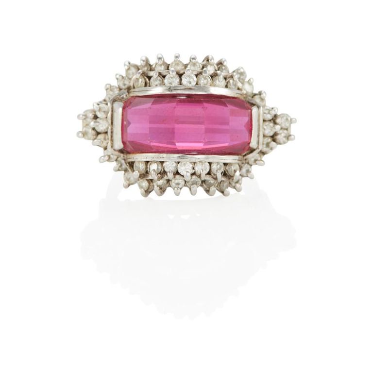 Platinum Synthetic Ruby and Diamond Ring