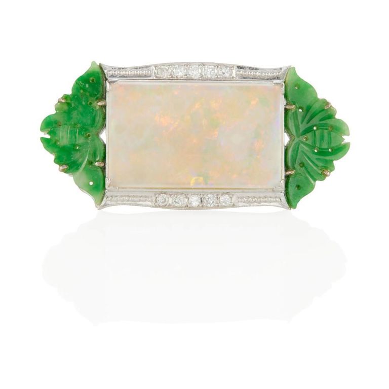 Platinum Opal, Jade and Diamond Ring
