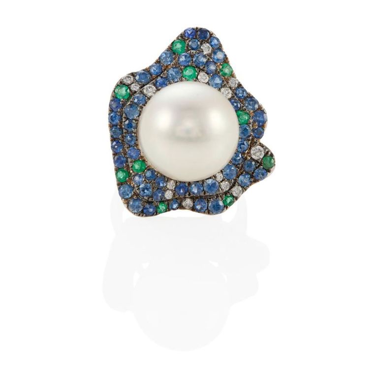 18k Gold Cultured Pearl Gem-Set Ring