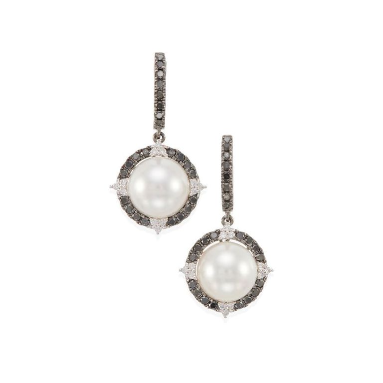 Cultured Pearl, Black Diamond and Diamond Earrings