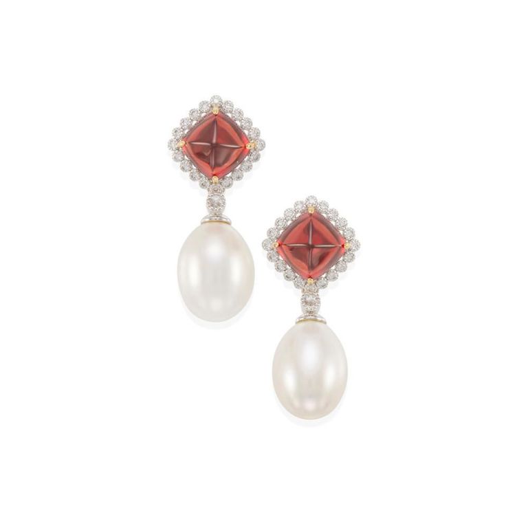 Cultured Pearl, Garnet and Diamond Earrings