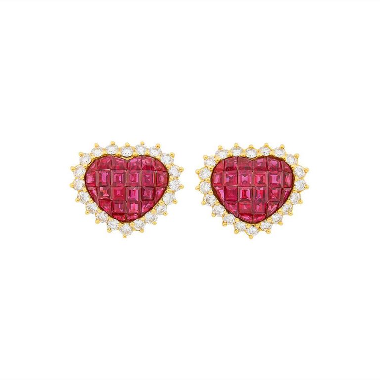 18k Gold Ruby and Diamond Heart Earclips