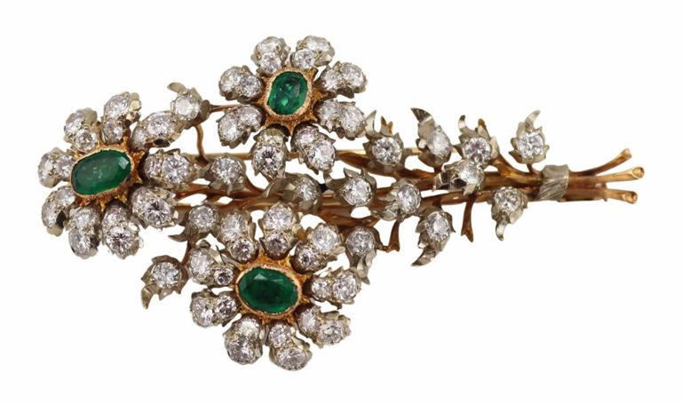 18k Bi-Color Gold Emerald and Diamond Brooch