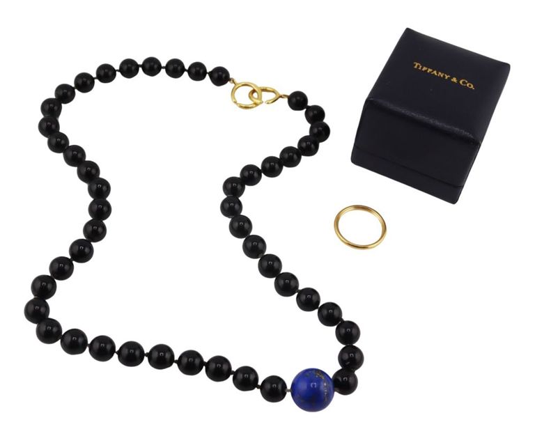 18k Gold Onyx and Lapis Lazuli Necklace, Ring