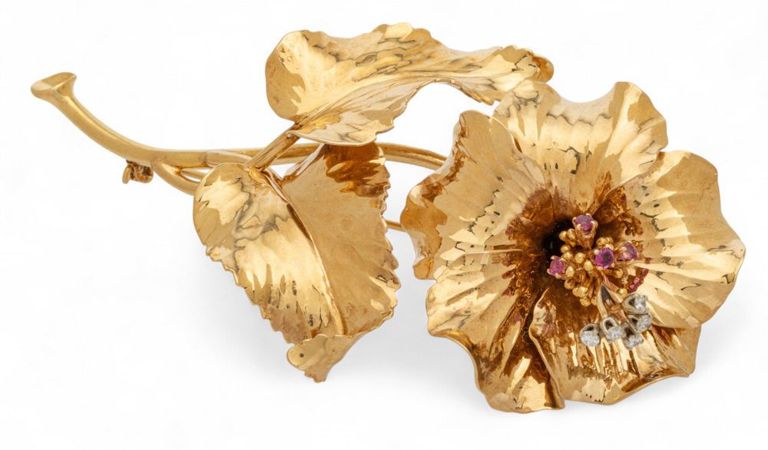 14k Yellow Gold Ruby and Diamond Flower Brooch