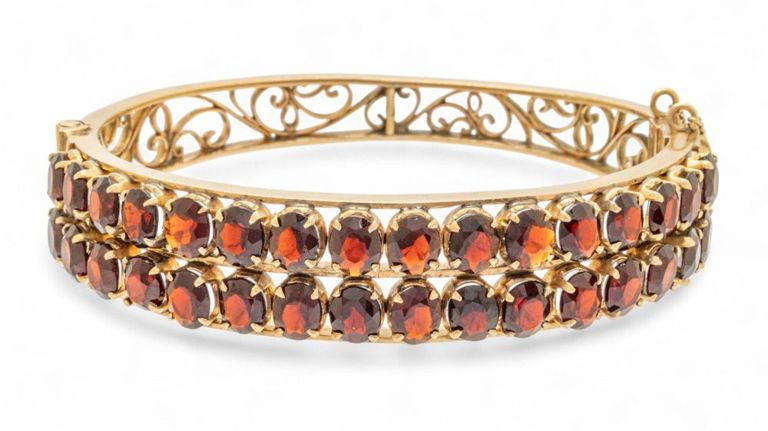14k Gold Garnet Bangle Bracelet