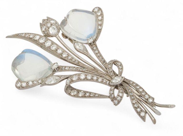 Platinum Diamond and Moonstone Tulip Brooch