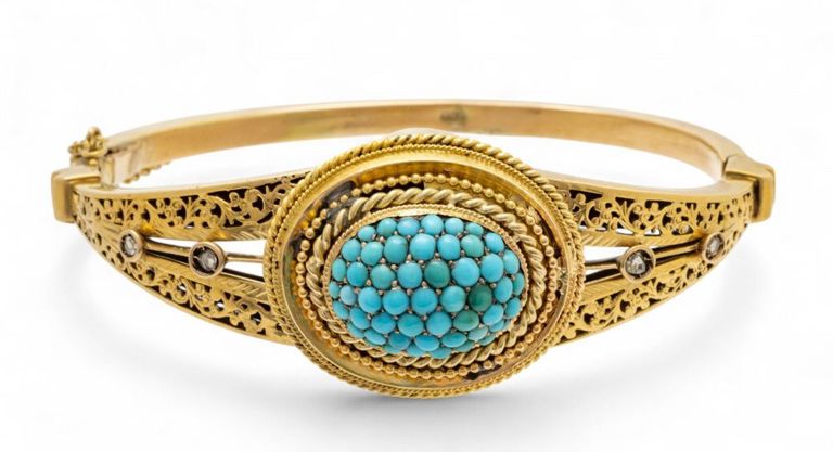 Gold Turquoise and Diamond Bangle Bracelet