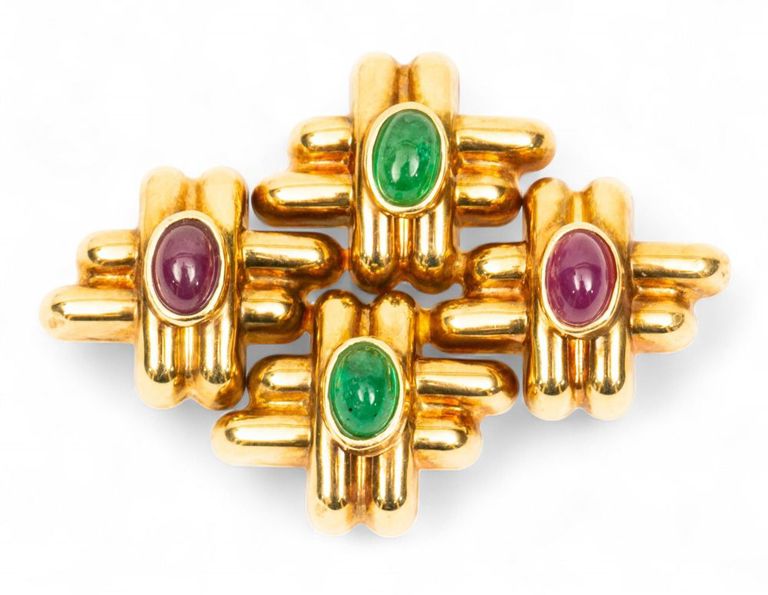 14k Yellow Gold Emerald and Ruby Brooch