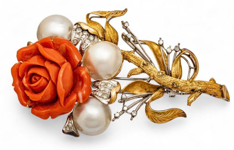 14k Gold Coral, Mabé Pearl and Diamond Brooch