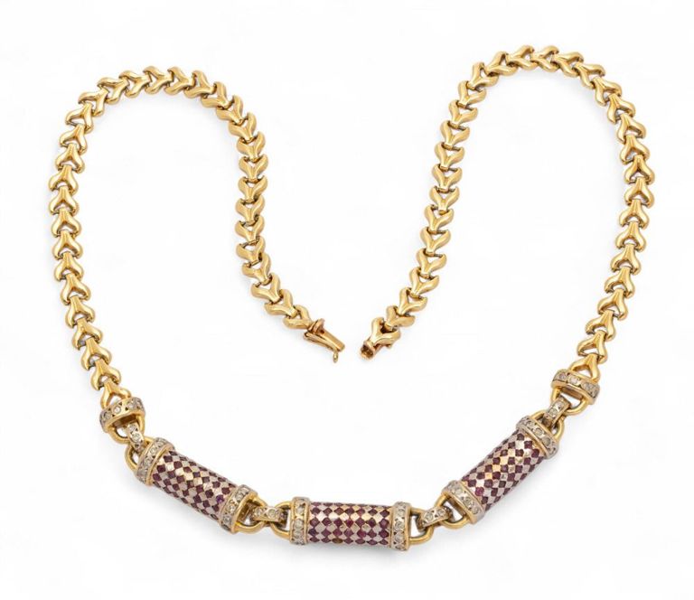 18k Yellow Gold Ruby and Diamond Necklace