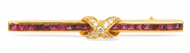 22k Yellow Gold Ruby and Diamond Bar Pin