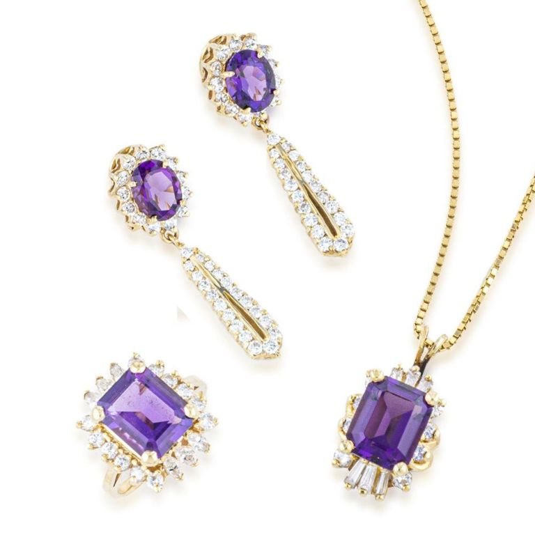 14k Yellow Gold Amethyst and Diamond Set