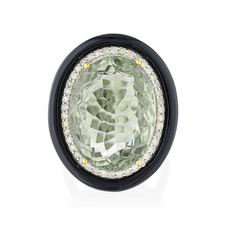 14k Gold Prasiolite and Diamond Ring