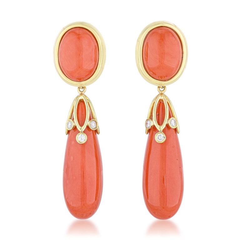 18k Yellow Gold Coral and Diamond Earrings