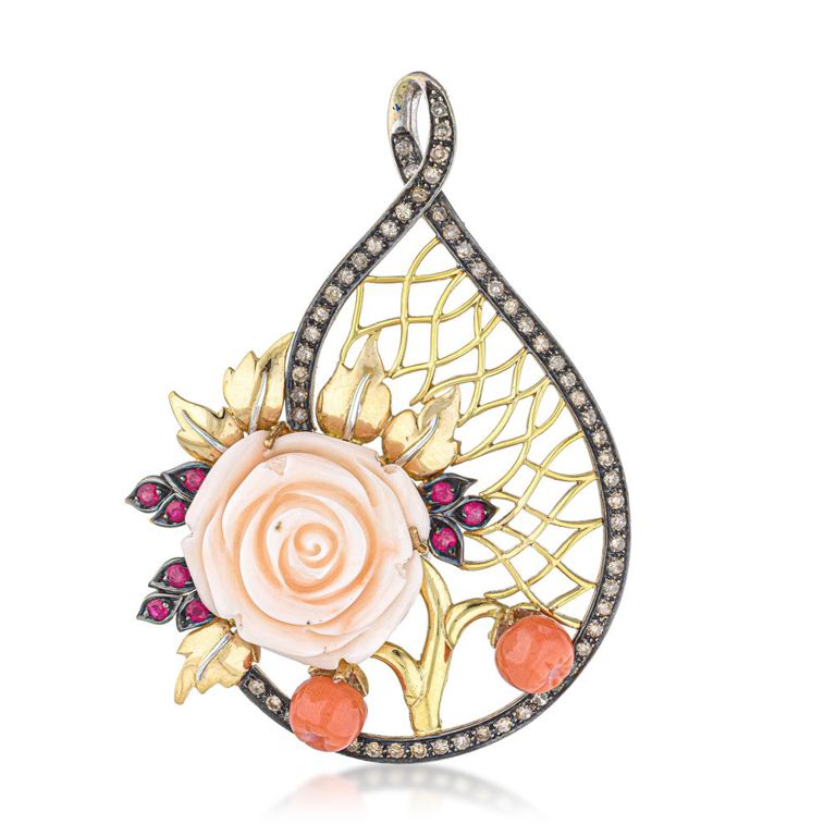 18k Yellow Gold Coral and Diamond Brooch
