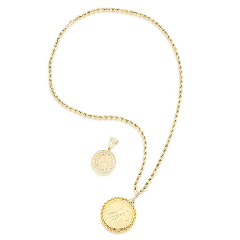 14k Yellow Gold Eagle Coin Pendant Necklace Set