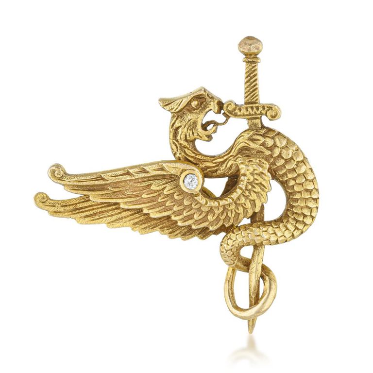 14k Yellow Gold Diamond Griffin Brooch
