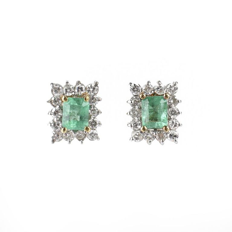 14k Gold Emerald and Diamond Stud Earrings