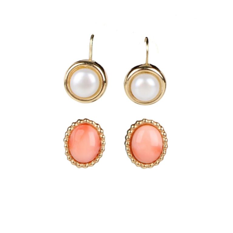 14k Yellow Gold Coral and Pearl Earring Set
