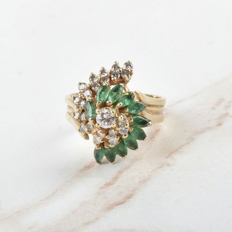 14k Yellow Gold Diamond and Emerald Cluster Ring