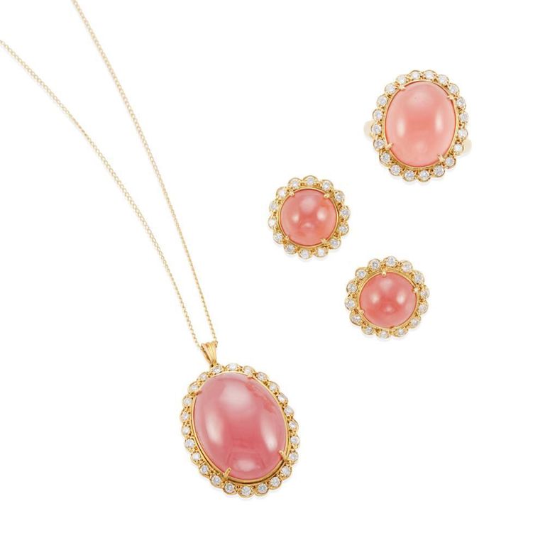18k Gold Rhodochrosite and Diamond Suite