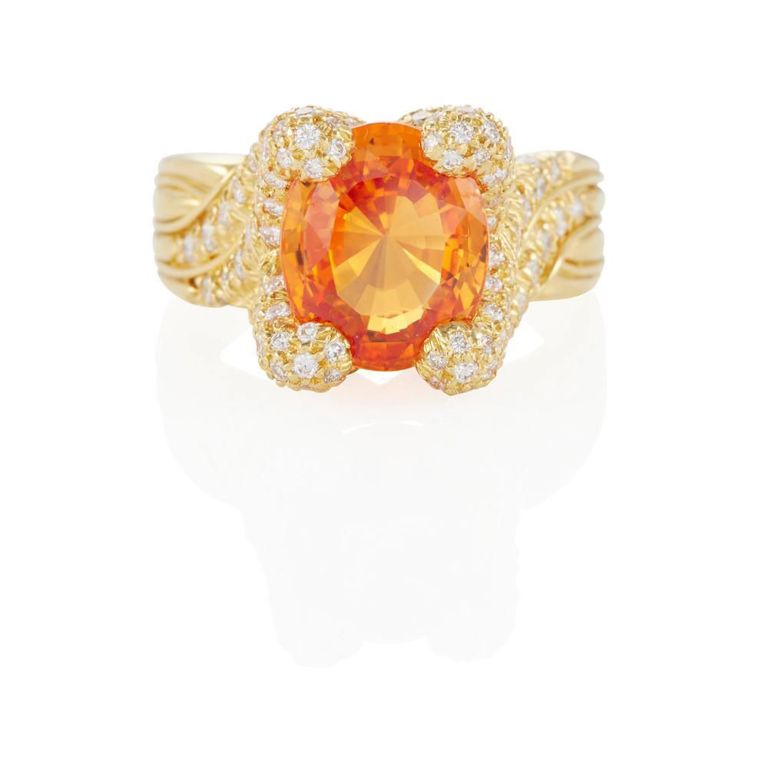 18k Gold Orange Sapphire and Diamond Ring