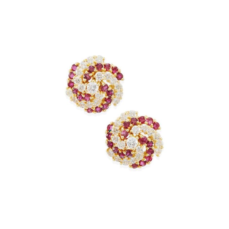 18k Gold Ruby and Diamond Earclips