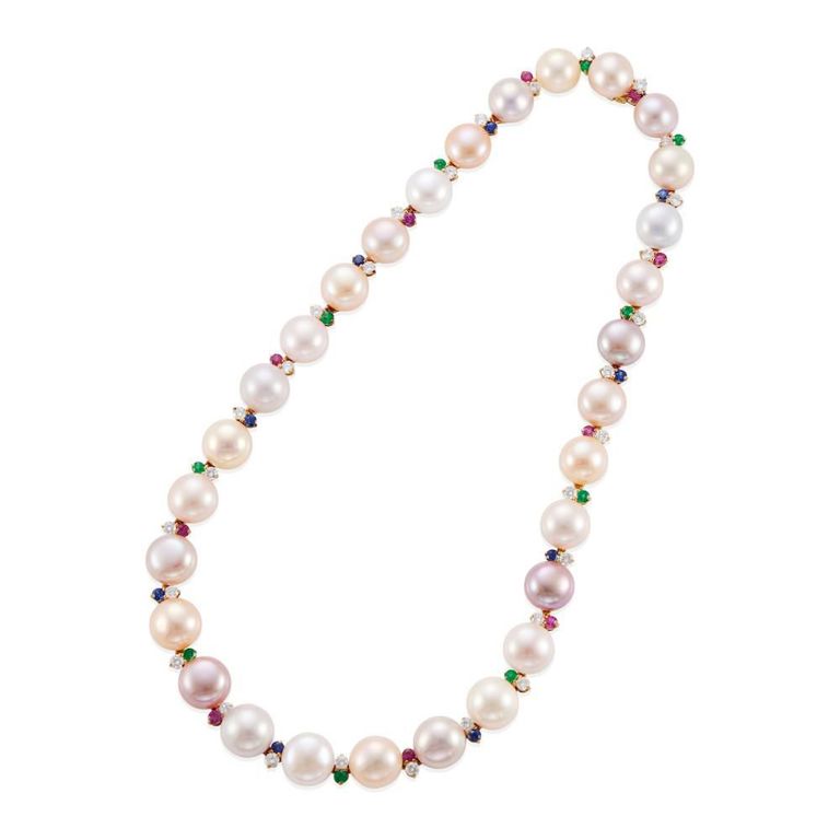 Cultured Pearl, Diamond and Gem-Set Necklace