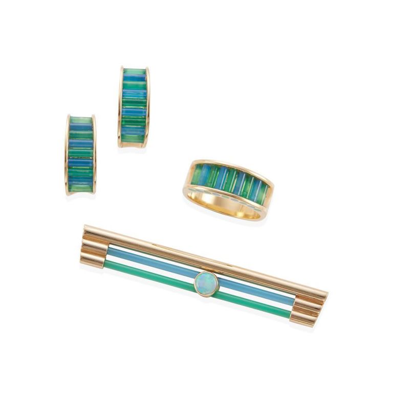 14k Gold, Chalcedony and Opal Jewelry Suite