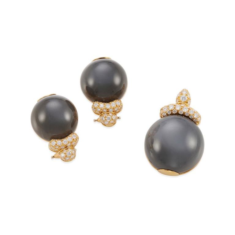 Grey Moonstone and Diamond Earrings and Pendant