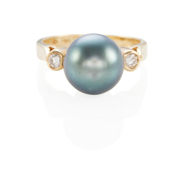 14k Gold, Cultured Pearl and Diamond Ring