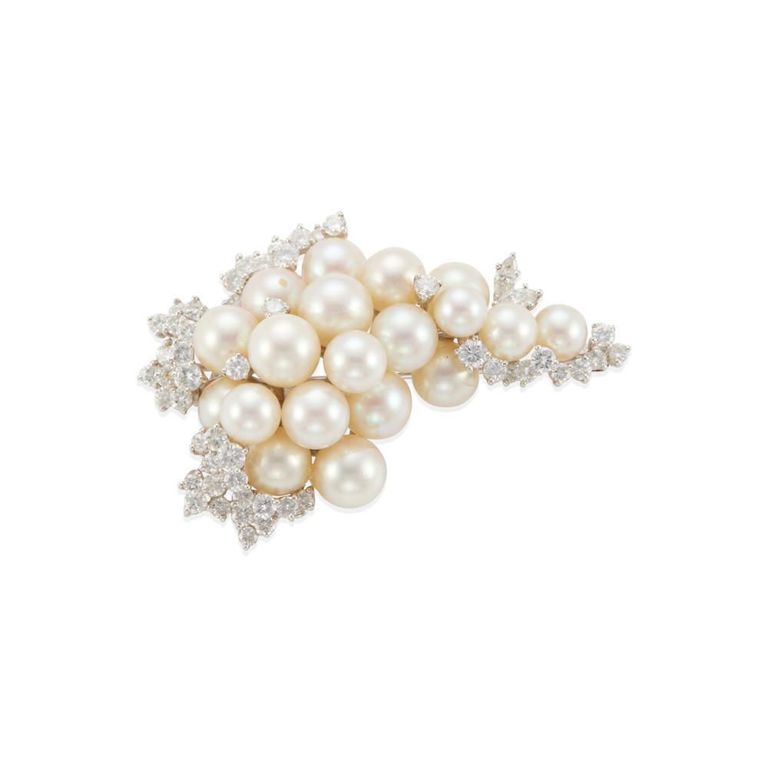 14k Gold, Cultured Pearl and Diamond Brooch