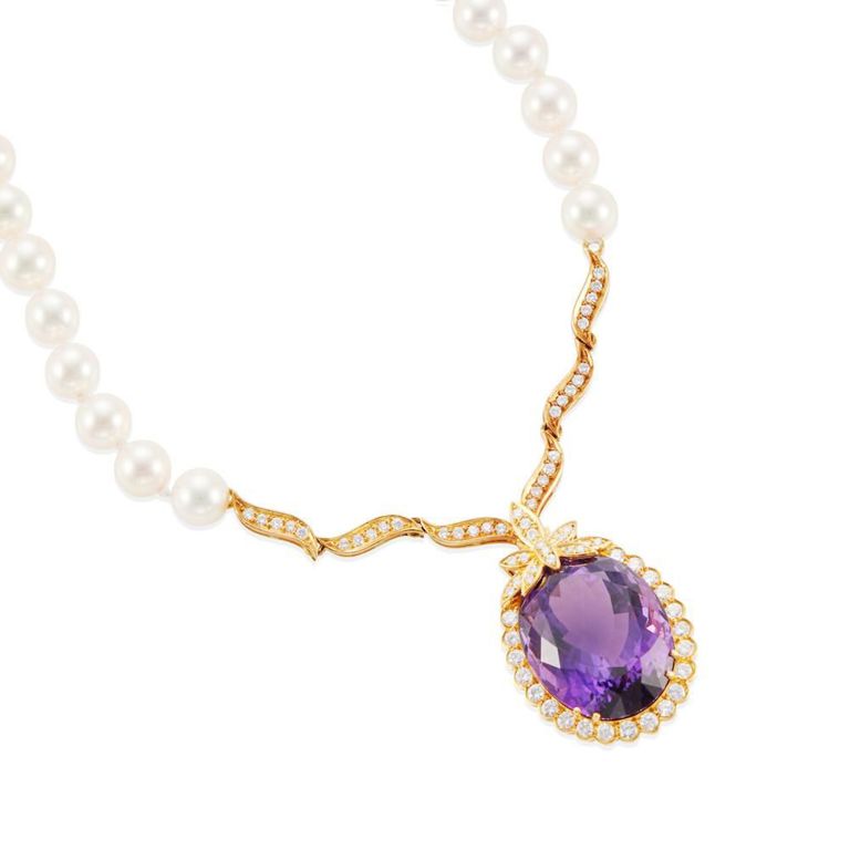 Amethyst, Cultured Pearl and Diamond Necklace