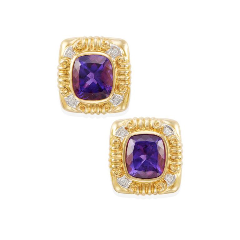 18k Gold, Amethyst and Diamond Earclips