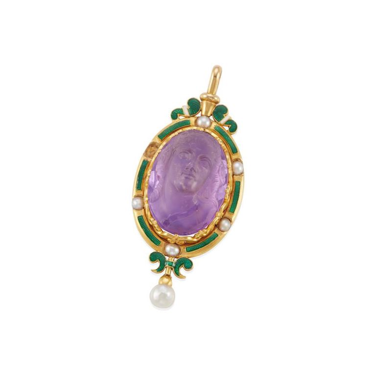 Amethyst, Enamel and Cultured Pearl Pendant