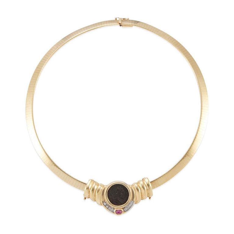 14k Gold, Coin, Ruby and Diamond Pendant Necklace