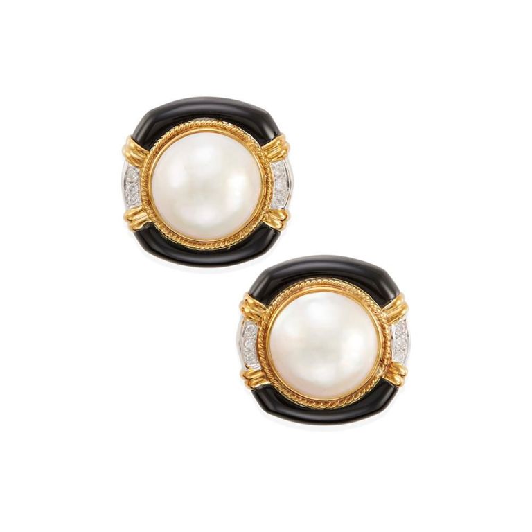 14k Gold, Mabé Pearl, Onyx and Diamond Earclips